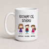 A White 15oz ceramic Polish coffee mug featuring custom grandchildren illustrations, names, and the message 'Kochamy Cię Dziadku'