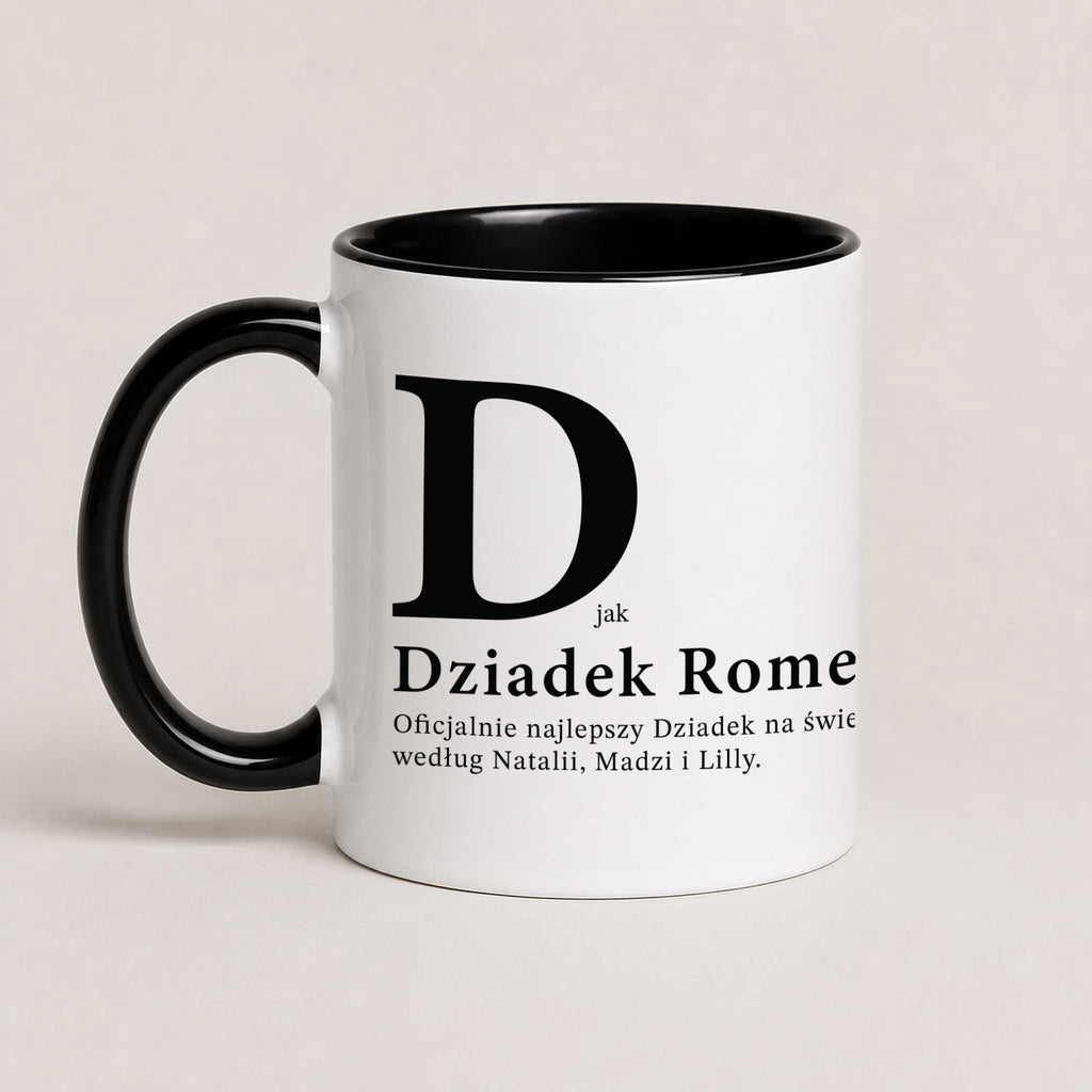 A Black 11oz ceramic Polish coffee mug featuring the phrase 'D Jak Dziadek' and custom grandchildren's names