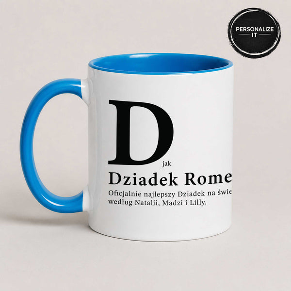 Close-up view of a Blue 11oz ceramic Polish coffee mug featuring the phrase 'D Jak Dziadek' and custom grandchildren's names