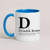 A Blue 11oz ceramic Polish coffee mug featuring the phrase 'D Jak Dziadek' and custom grandchildren's names