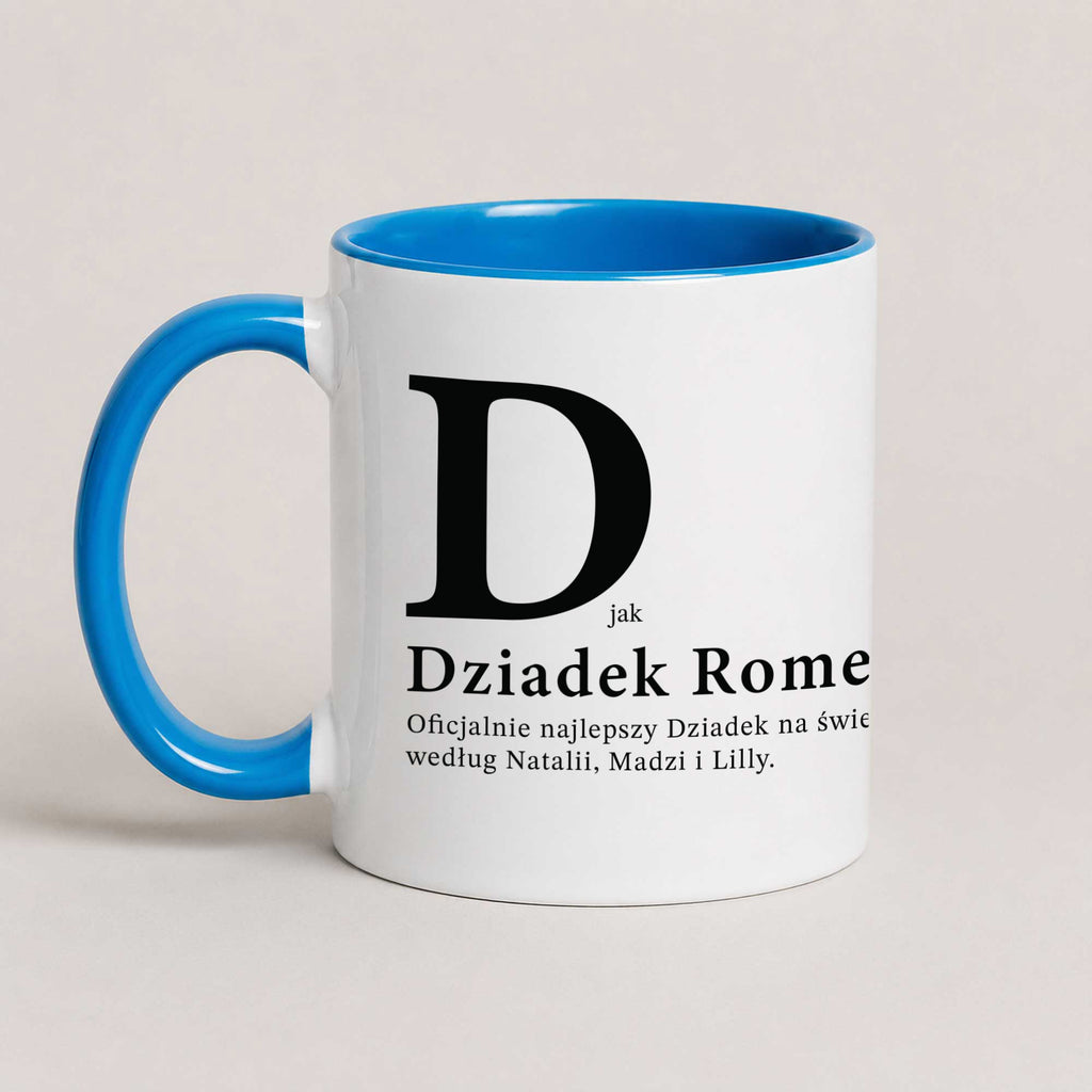 A Blue 11oz ceramic Polish coffee mug featuring the phrase 'D Jak Dziadek' and custom grandchildren's names