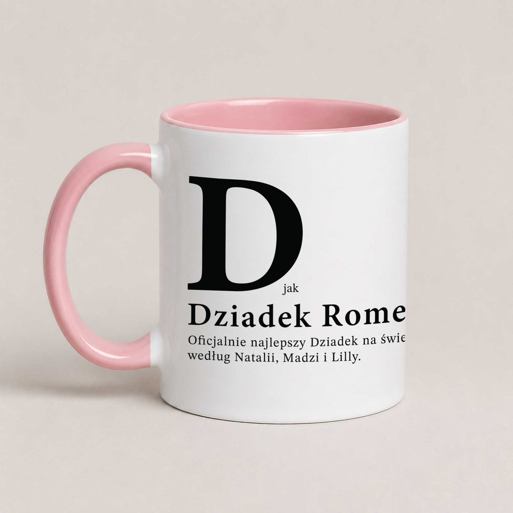 A Pink 11oz ceramic Polish coffee mug featuring the phrase 'D Jak Dziadek' and custom grandchildren's names