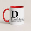A Red 11oz ceramic Polish coffee mug featuring the phrase 'D Jak Dziadek' and custom grandchildren's names