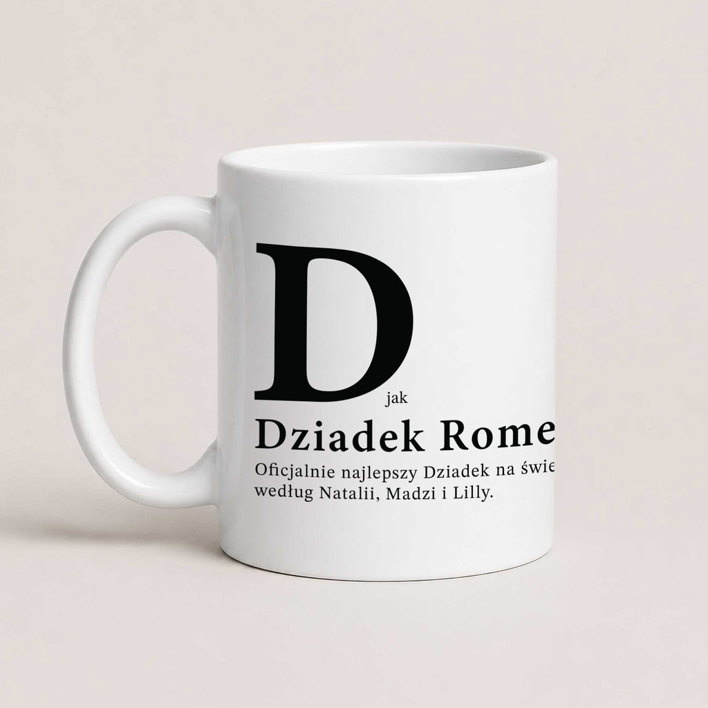 A White 11oz ceramic Polish coffee mug featuring the phrase 'D Jak Dziadek' and custom grandchildren's names