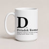 A White 15oz ceramic Polish coffee mug featuring the phrase 'D Jak Dziadek' and custom grandchildren's names