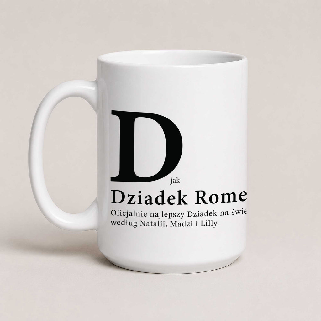 A White 15oz ceramic Polish coffee mug featuring the phrase 'D Jak Dziadek' and custom grandchildren's names