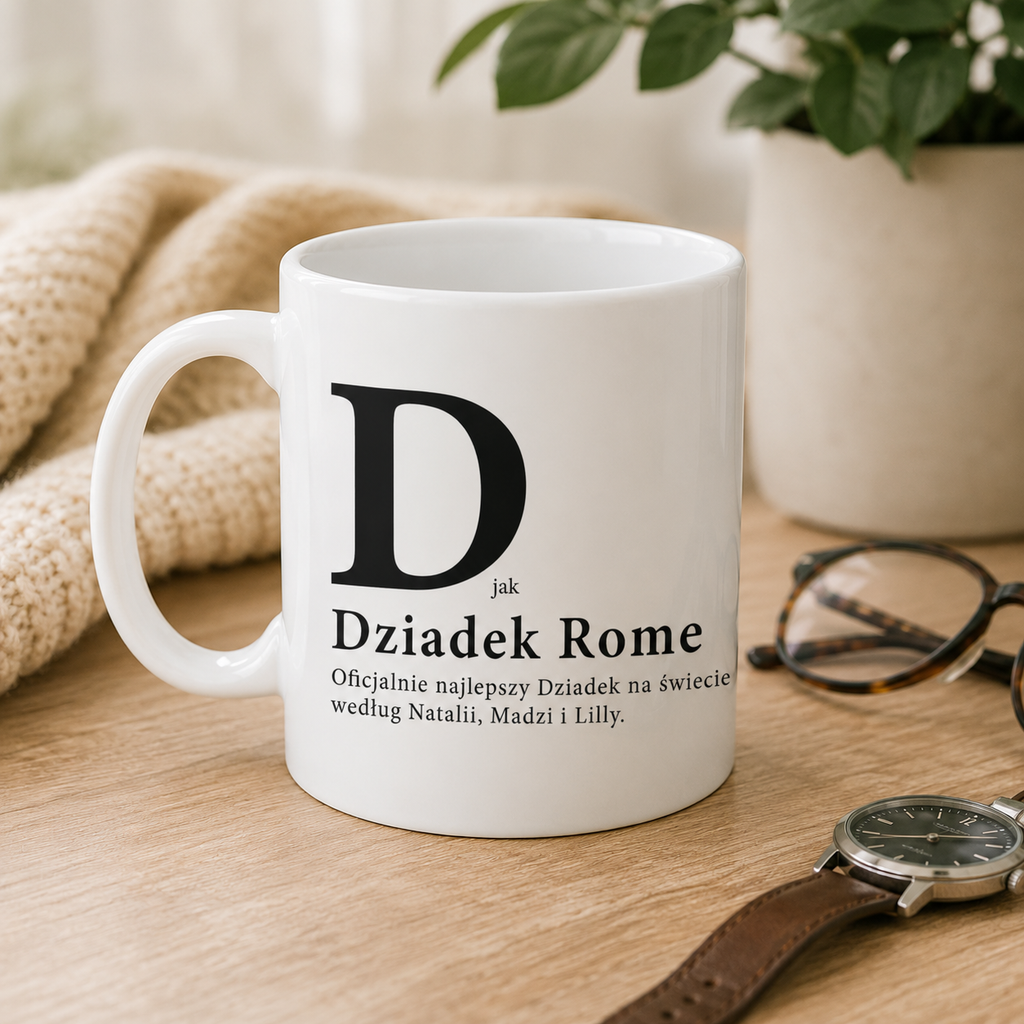 Lifestyle photo of the Polish mug featuring the phrase 'D Jak Dziadek' and custom grandchildren's names