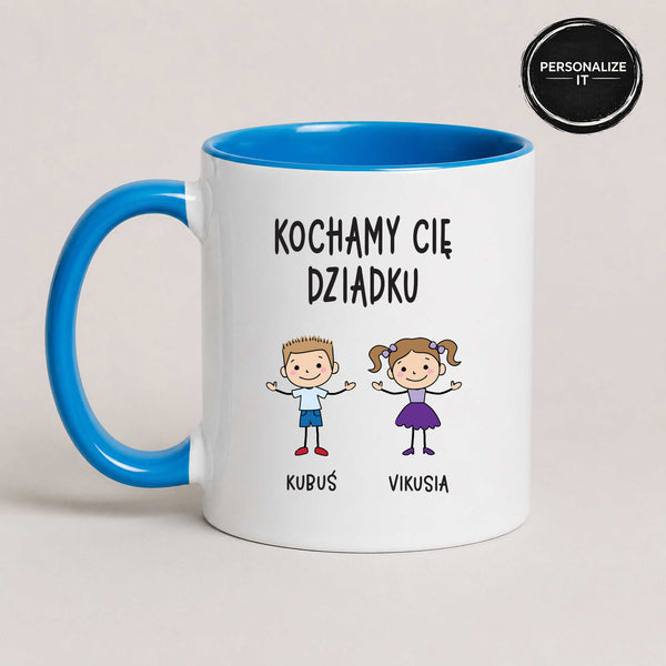 Close-up view of a Blue 11oz ceramic Polish coffee mug featuring custom grandchildren illustrations, names, and the message 'Kochamy Cię Dziadku'