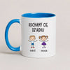 A Blue 11oz ceramic Polish coffee mug featuring custom grandchildren illustrations, names, and the message 'Kochamy Cię Dziadku'