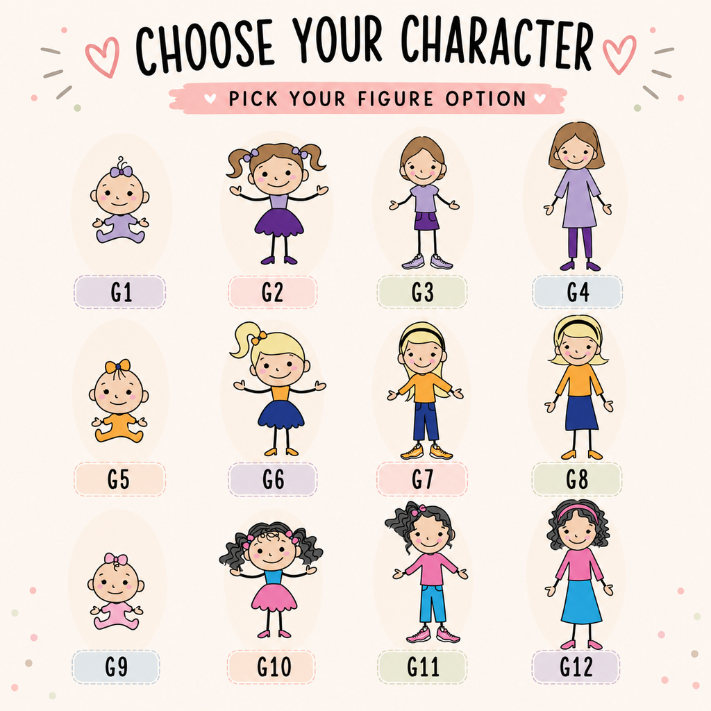 Design preview showing the custom grandchildren character illustration options available for personalization