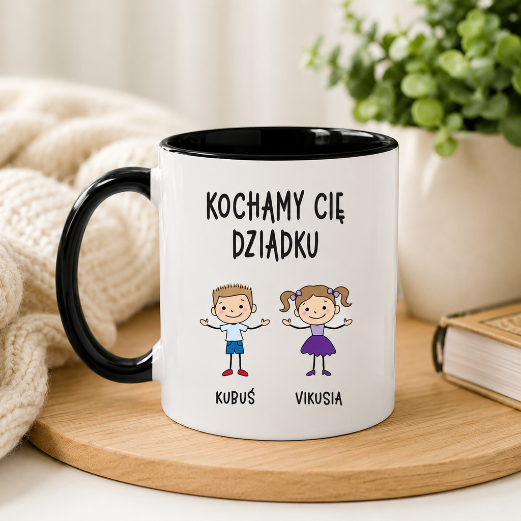 Lifestyle photo of the Polish mug featuring custom grandchildren illustrations, names, and the message 'Kochamy Cię Dziadku'
