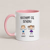 A Pink 11oz ceramic Polish coffee mug featuring custom grandchildren illustrations, names, and the message 'Kochamy Cię Dziadku'
