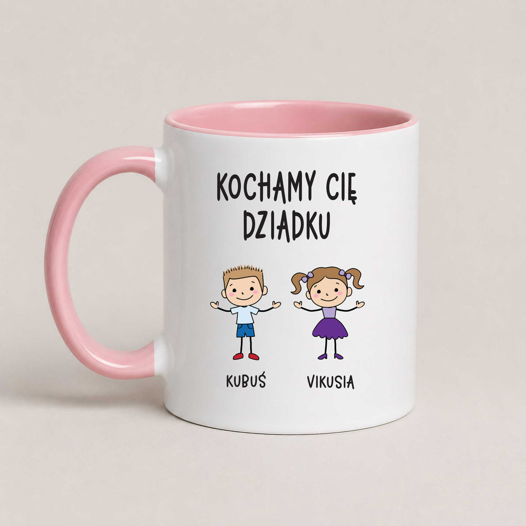 A Pink 11oz ceramic Polish coffee mug featuring custom grandchildren illustrations, names, and the message 'Kochamy Cię Dziadku'