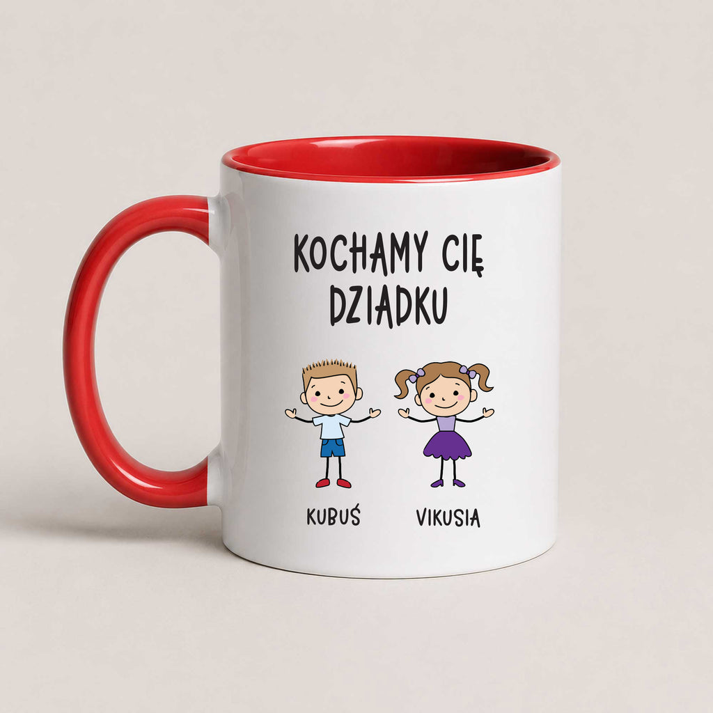 A Red 11oz ceramic Polish coffee mug featuring custom grandchildren illustrations, names, and the message 'Kochamy Cię Dziadku'