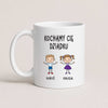 A White 11oz ceramic Polish coffee mug featuring custom grandchildren illustrations, names, and the message 'Kochamy Cię Dziadku'