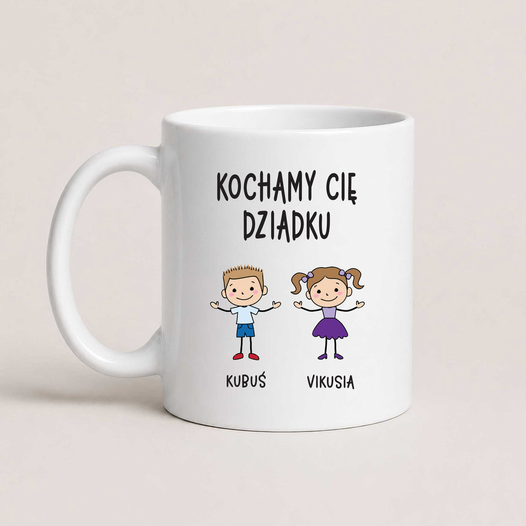 A White 11oz ceramic Polish coffee mug featuring custom grandchildren illustrations, names, and the message 'Kochamy Cię Dziadku'