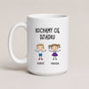 A White 15oz ceramic Polish coffee mug featuring custom grandchildren illustrations, names, and the message 'Kochamy Cię Dziadku'
