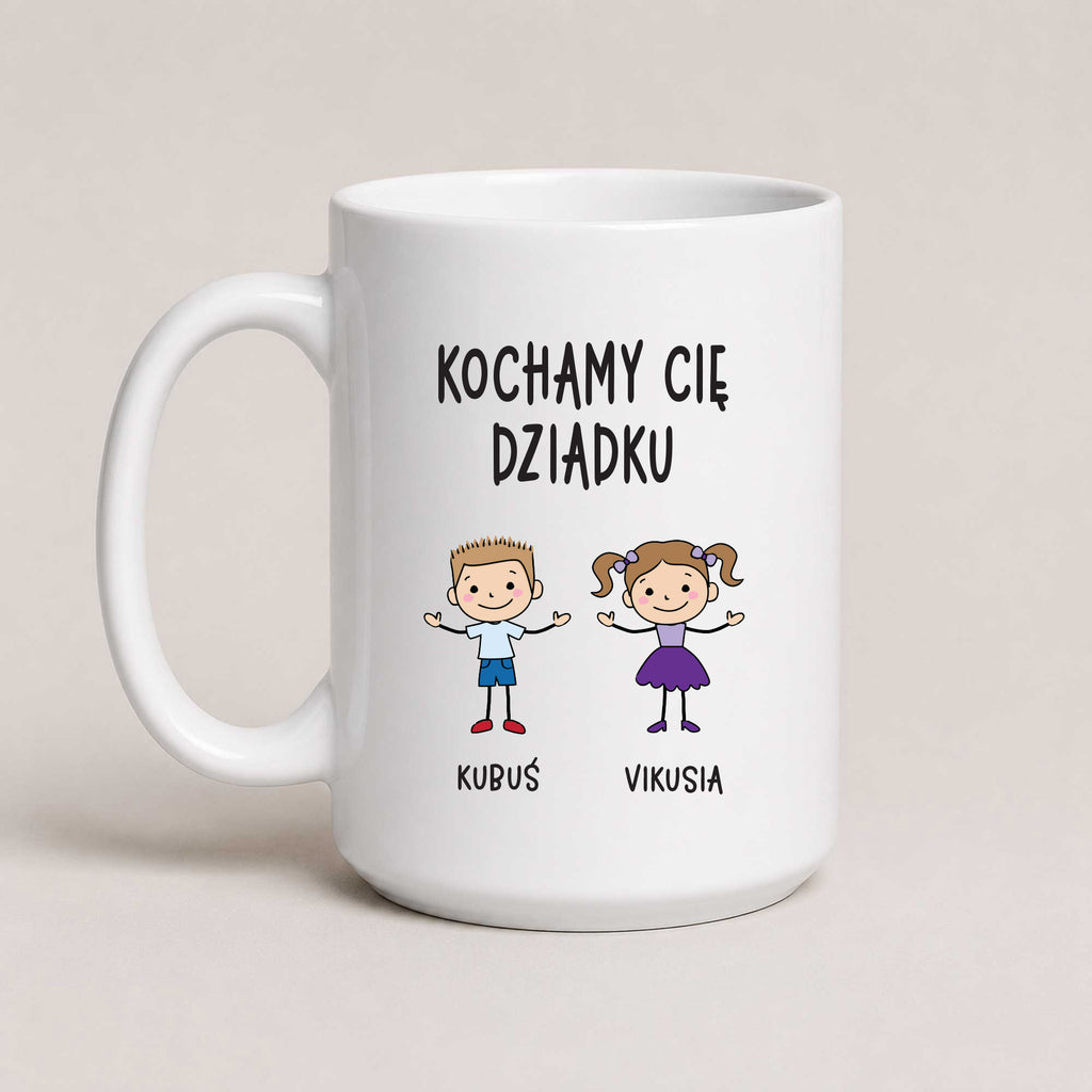 A White 15oz ceramic Polish coffee mug featuring custom grandchildren illustrations, names, and the message 'Kochamy Cię Dziadku'