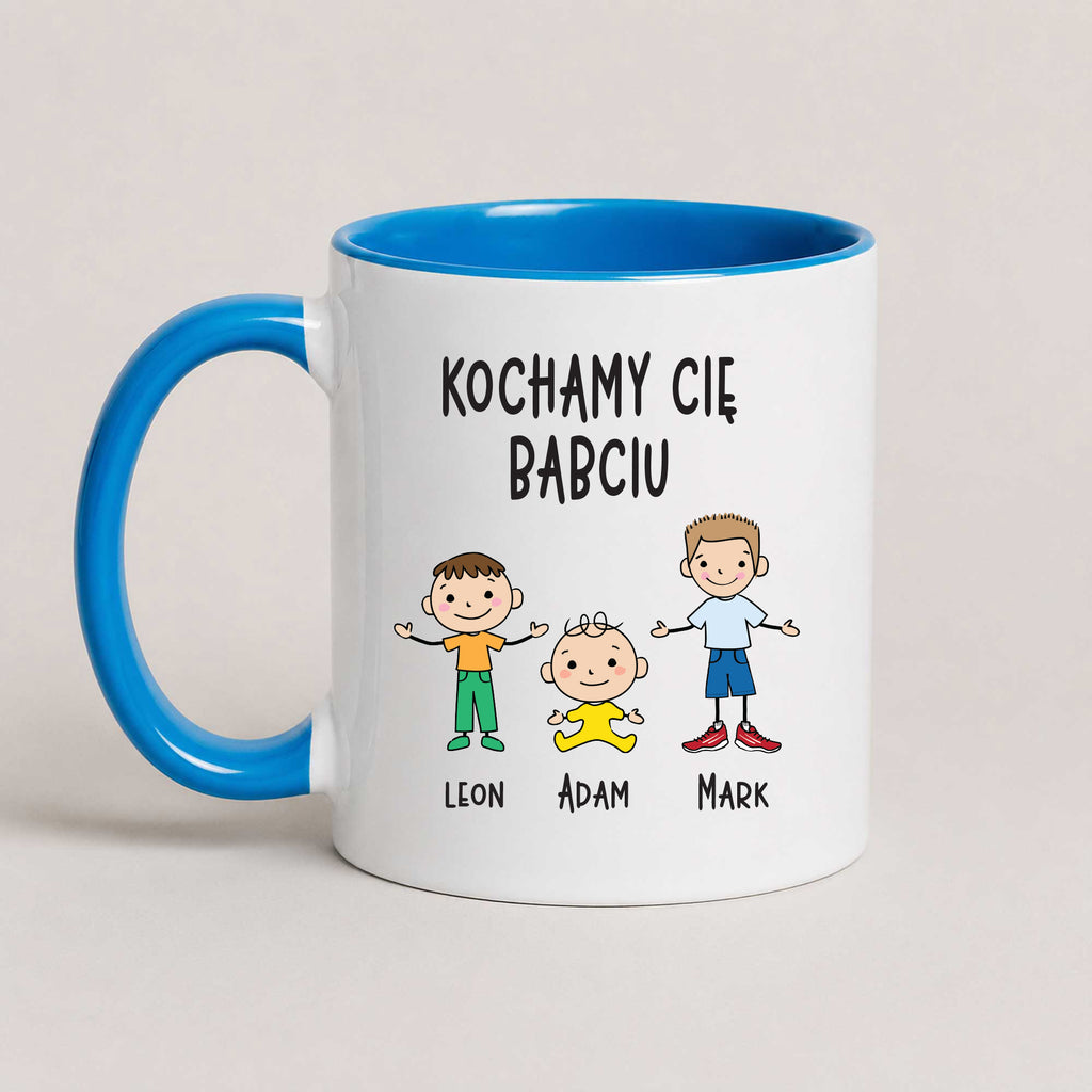 A Blue 11oz ceramic Polish coffee mug featuring custom grandchildren illustrations, names, and the message 'Kochamy Cię Babciu'