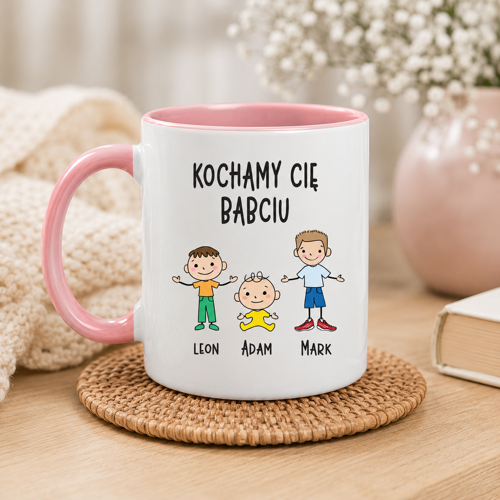 Lifestyle photo of the Polish mug featuring custom grandchildren illustrations, names, and the message 'Kochamy Cię Babciu'