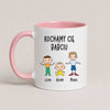 A Pink 11oz ceramic Polish coffee mug featuring custom grandchildren illustrations, names, and the message 'Kochamy Cię Babciu'
