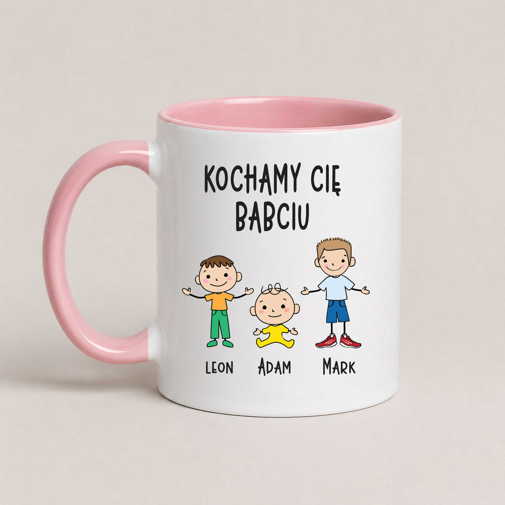 A Pink 11oz ceramic Polish coffee mug featuring custom grandchildren illustrations, names, and the message 'Kochamy Cię Babciu'