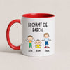 A Red 11oz ceramic Polish coffee mug featuring custom grandchildren illustrations, names, and the message 'Kochamy Cię Babciu'