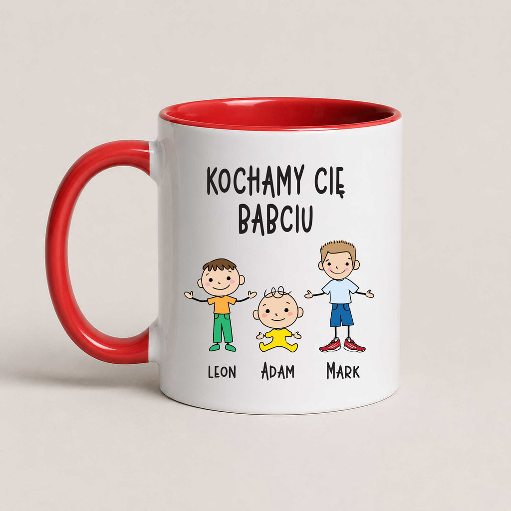 A Red 11oz ceramic Polish coffee mug featuring custom grandchildren illustrations, names, and the message 'Kochamy Cię Babciu'