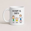 A White 11oz ceramic Polish coffee mug featuring custom grandchildren illustrations, names, and the message 'Kochamy Cię Babciu'
