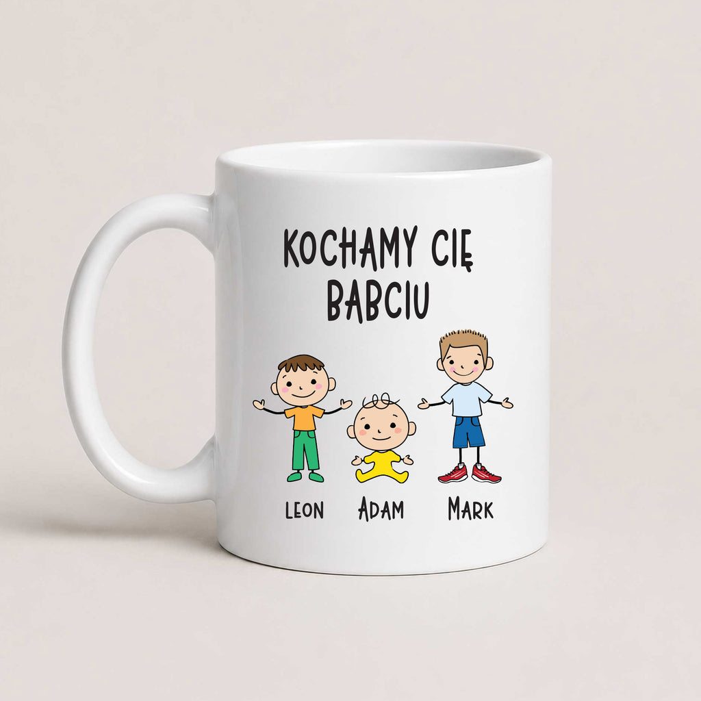 A White 11oz ceramic Polish coffee mug featuring custom grandchildren illustrations, names, and the message 'Kochamy Cię Babciu'