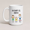 A White 15oz ceramic Polish coffee mug featuring custom grandchildren illustrations, names, and the message 'Kochamy Cię Babciu'