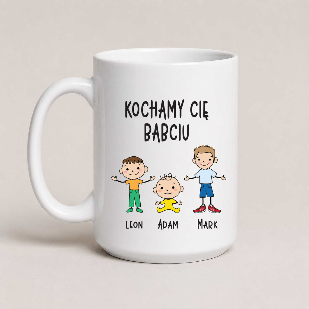 A White 15oz ceramic Polish coffee mug featuring custom grandchildren illustrations, names, and the message 'Kochamy Cię Babciu'