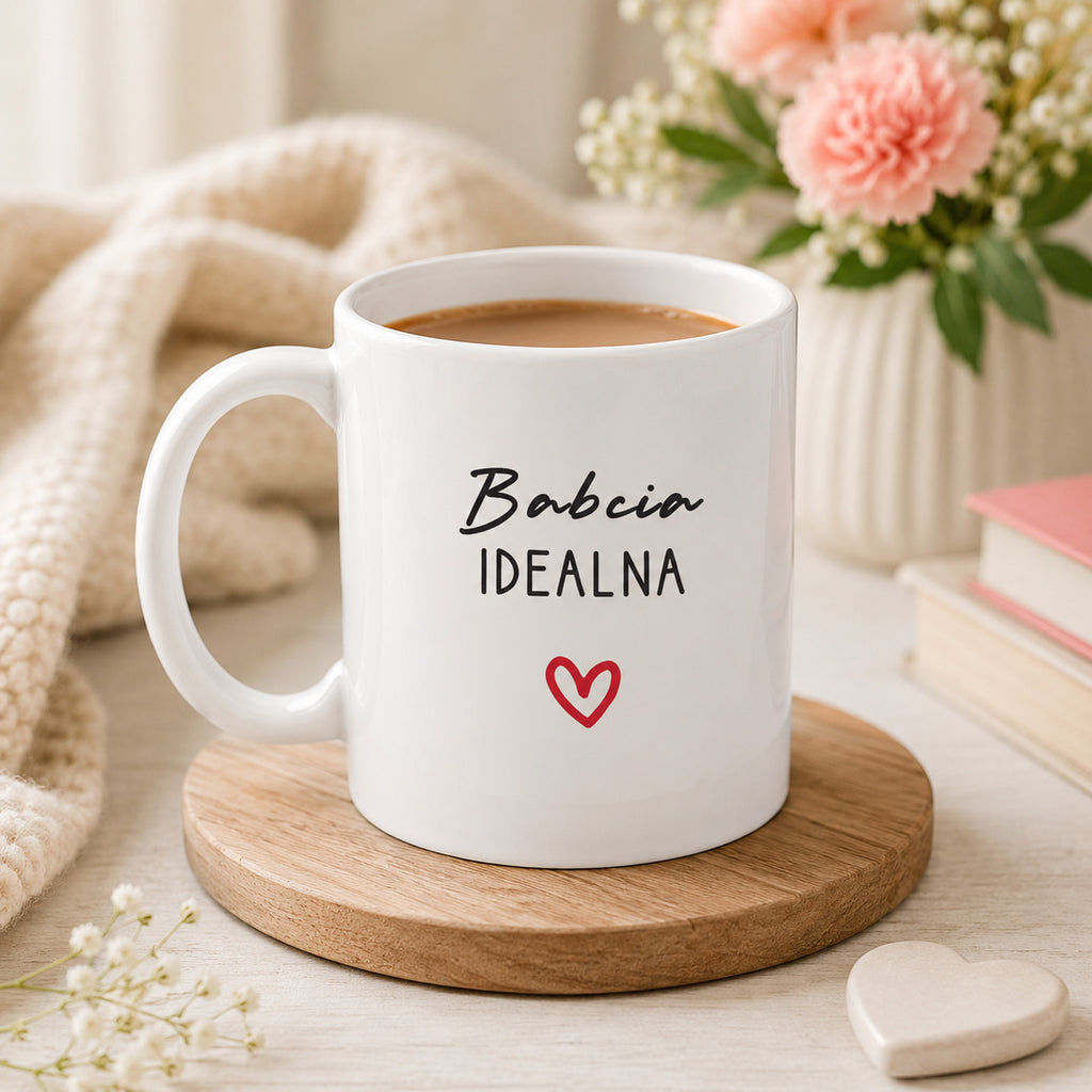 Lifestyle photo of the Polish mug featuring the 'Babcia Idealna' design with a delicate heart accent