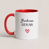 A Red 11oz ceramic Polish coffee mug featuring the 'Babcia Idealna' design with a delicate heart accent