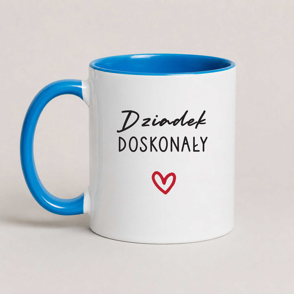 A Blue 11oz ceramic Polish coffee mug featuring the 'Dziadek Doskonały' design with a subtle heart accent