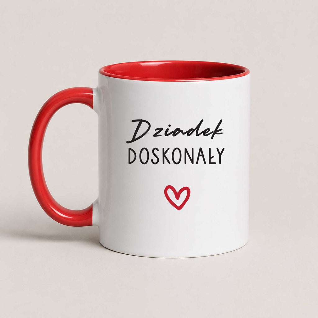 A Red 11oz ceramic Polish coffee mug featuring the 'Dziadek Doskonały' design with a subtle heart accent