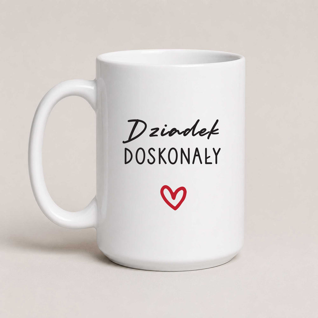 A White 15oz ceramic Polish coffee mug featuring the 'Dziadek Doskonały' design with a subtle heart accent