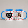 A Blue 11oz ceramic Polish coffee mug featuring a custom name, custom photo, hearts, and the message 'Kocham Cię'