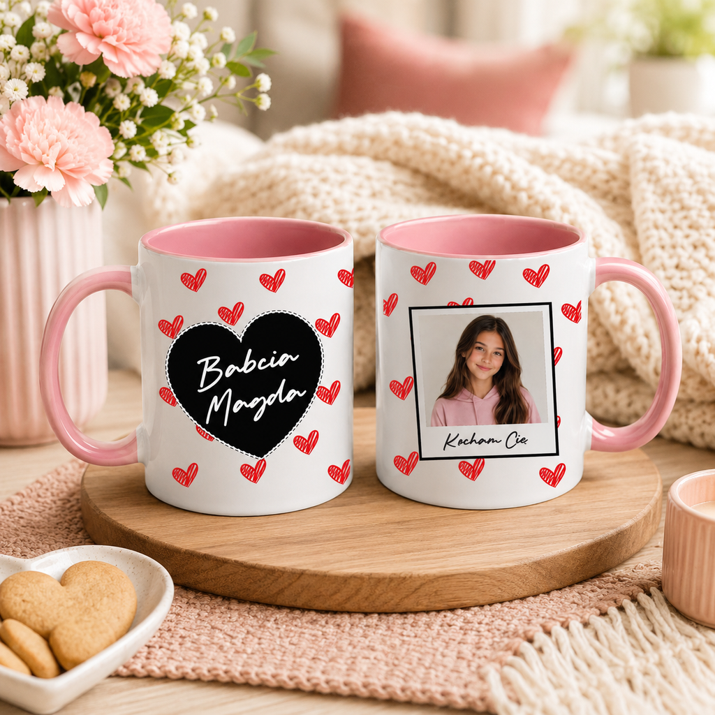 Lifestyle photo of the Polish mug featuring a custom name, custom photo, hearts, and the message 'Kocham Cię'