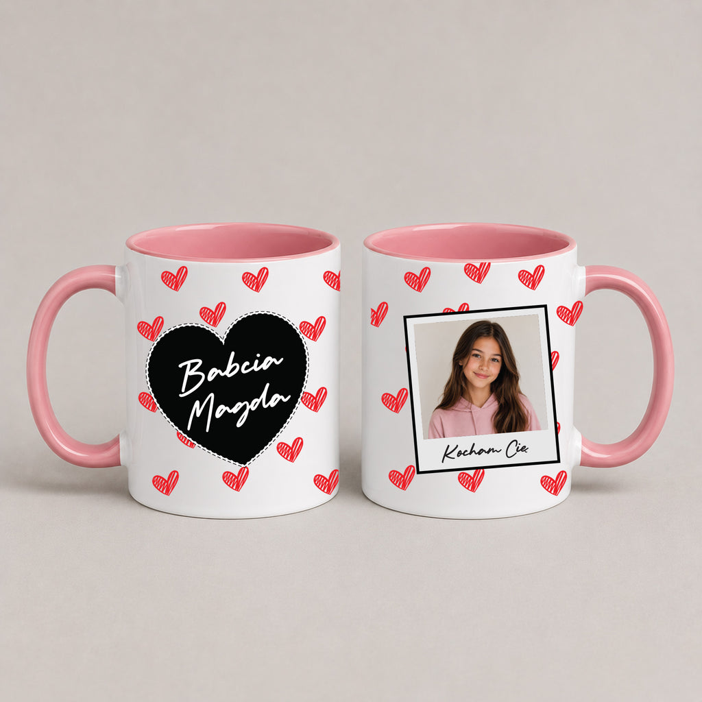 A Pink 11oz ceramic Polish coffee mug featuring a custom name, custom photo, hearts, and the message 'Kocham Cię'