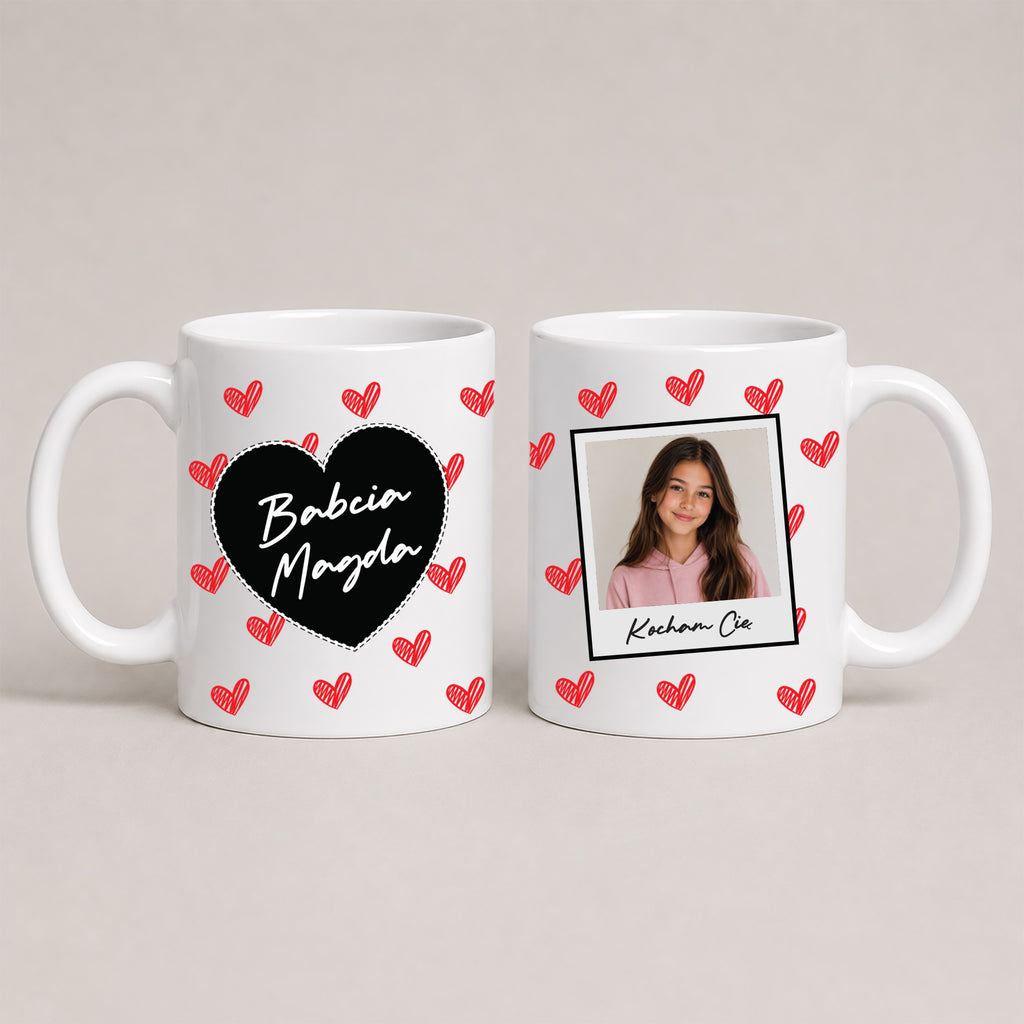 A White 11oz ceramic Polish coffee mug featuring a custom name, custom photo, hearts, and the message 'Kocham Cię'