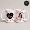 Close-up view of a White 15oz ceramic Polish coffee mug featuring a custom name, custom photo, hearts, and the message 'Kocham Cię'