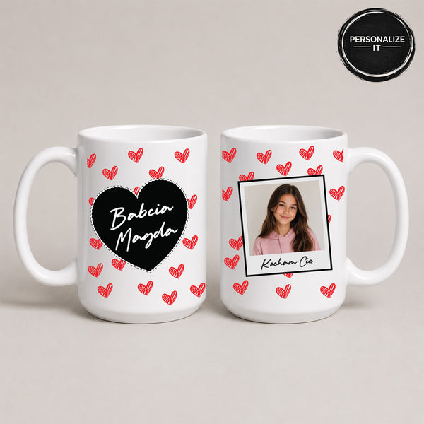 Close-up view of a White 15oz ceramic Polish coffee mug featuring a custom name, custom photo, hearts, and the message 'Kocham Cię'