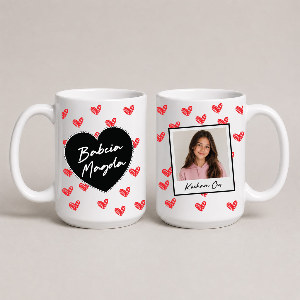 A White 15oz ceramic Polish coffee mug featuring a custom name, custom photo, hearts, and the message 'Kocham Cię'