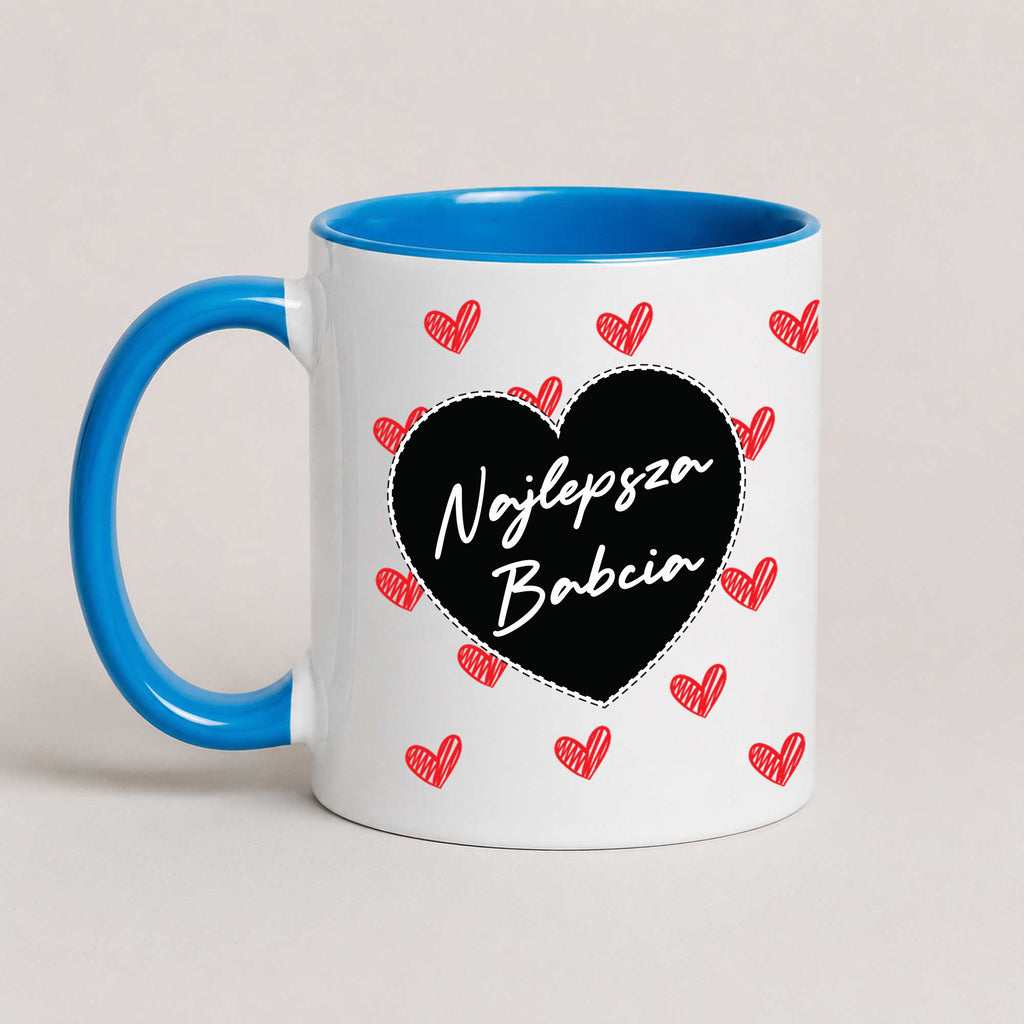 A Blue 11oz ceramic Polish coffee mug featuring the 'Najlepsza Babcia' design with a bold black heart and red heart pattern