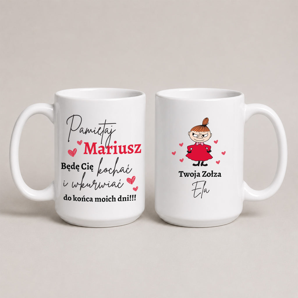 Two white ceramic mugs shown side by side on a light beige background. The left mug has Polish text in black and red with small red hearts.