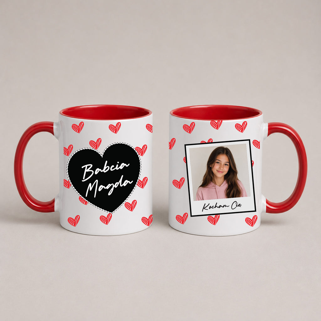 A Red 11oz ceramic Polish coffee mug featuring a custom name, custom photo, hearts, and the message 'Kocham Cię'