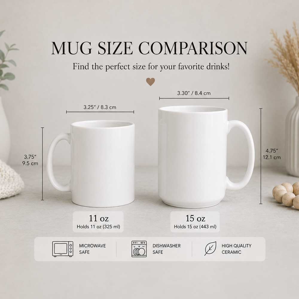 A size comparison graphic showing two white ceramic mugs labeled 11 oz and 15 oz with printed dimensions and text reading 'MUG SIZE COMPARISON' on a light neutral background.