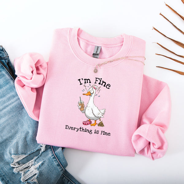"I'm Fine, Everything Is Fine" Funny Duck Crewneck in Pink - Lifestyle Photo