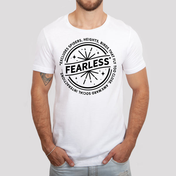 "Fearless"* Funny Badge T-Shirt in White - Lifestyle Photo
